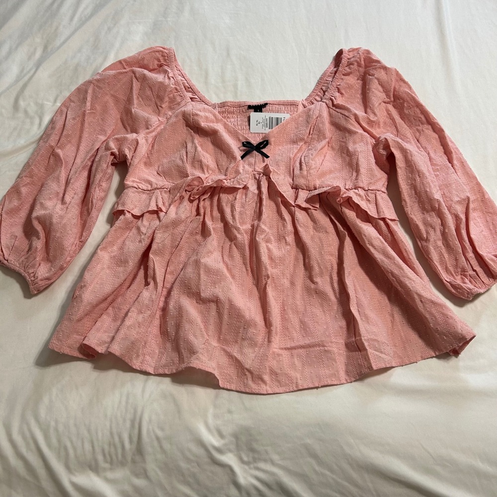 Torrid Silver Pink Peplum Cotton Dobby Top Long Sleeve Ruffle Bow Blouse 1X